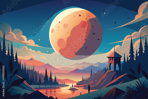 Sunset Landscape with a Giant Moon and Serene River