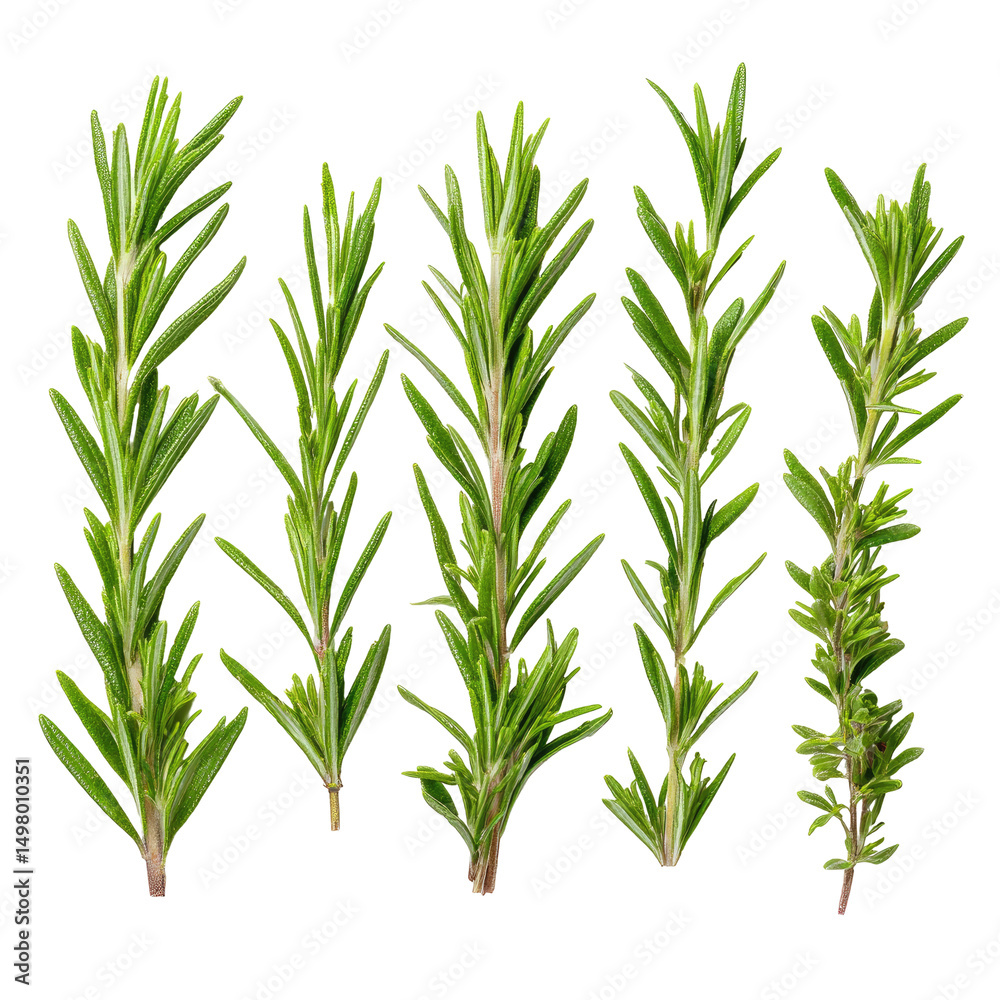 Fototapeta premium Close-up of five sprigs of fresh rosemary, varying in size and fullness, arranged against a black background. Each sprig shows detail of needle-like leaves and woody stems