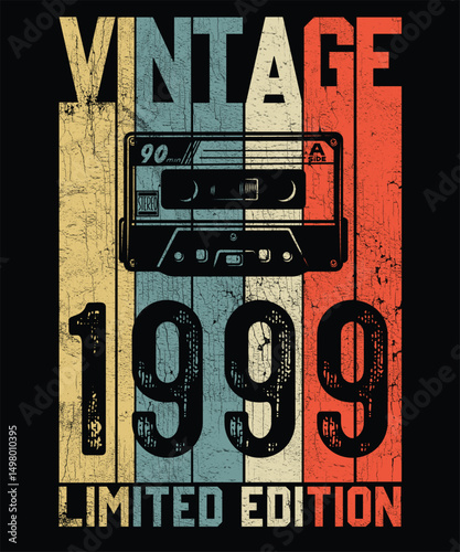 Vintage 1999 Limited Edition Retro T Shirt Design, Vector, Black Background
