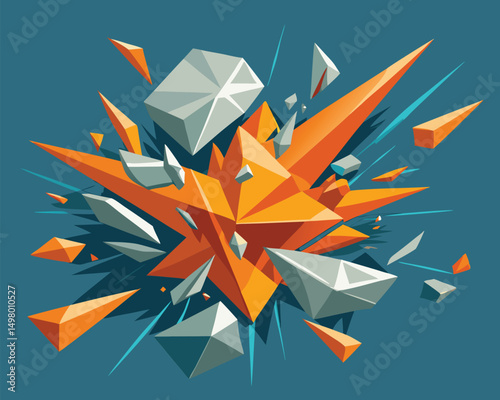 Abstract Geometric Explosion. Shattered Crystals. Dynamic Polygons. Orange and Grey