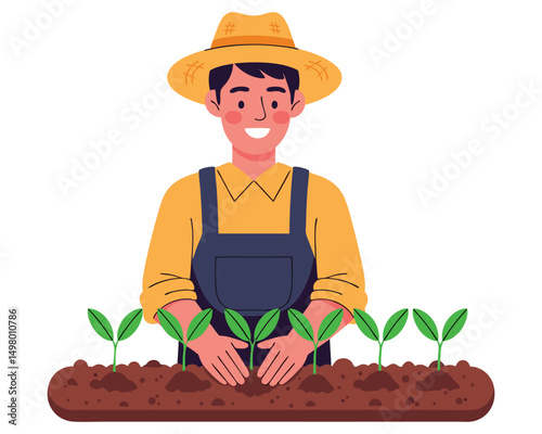 Cheerful Man in Hat Planting Seedlings in Soil - Vector Concept of Gardening and Agriculture
