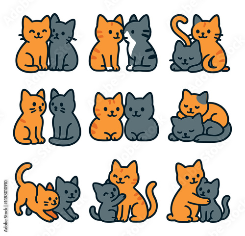 Cute cat flat icons set. feline and kitten illustrations for pet designs