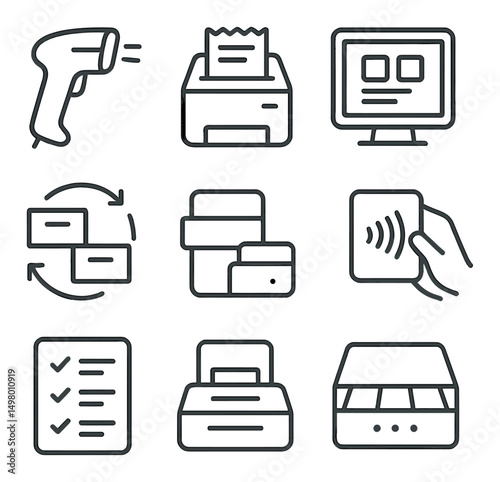 Business and technology silhouette icons set. office and digital tools visuals