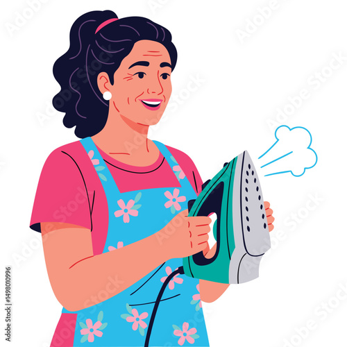 Happy Woman Ironing Clothes in Colorful Apron with Steaming Iron in Her Hand