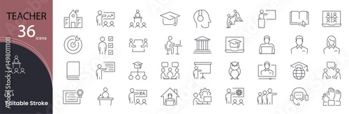 Teacher related icons set. Including education, classroom, student, lecture, knowledge, learning, blackboard, book, training, and school. Editable stroke. outline icons.
