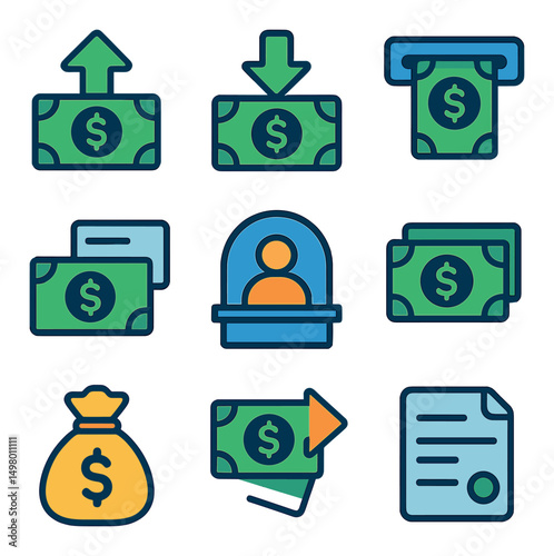 Finance and money flat icons set. currency and banking symbols