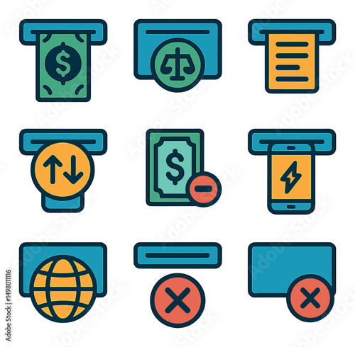 Banking and finance flat icons set. money management and currency symbols