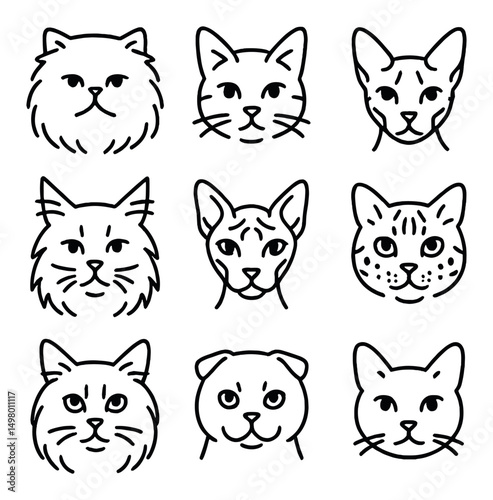 Cat faces linear icons set. pet, feline, and animal outline symbols for design