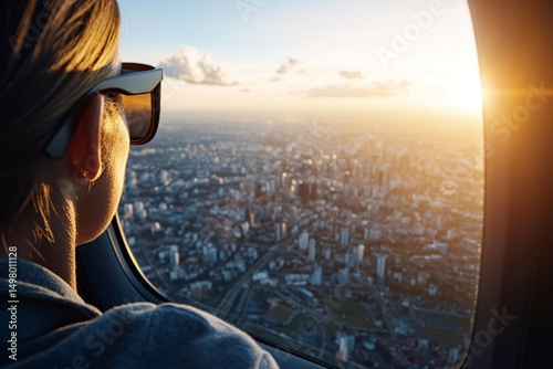 Woman Looking at City from Airplane Window at Sunset