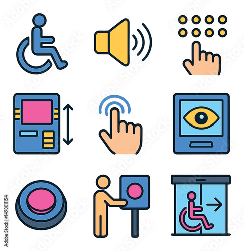 Accessibility flat icons set. inclusive design and universal symbols for simplicity