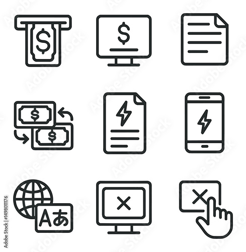 Finance and business linear icons set. banking and money management symbols