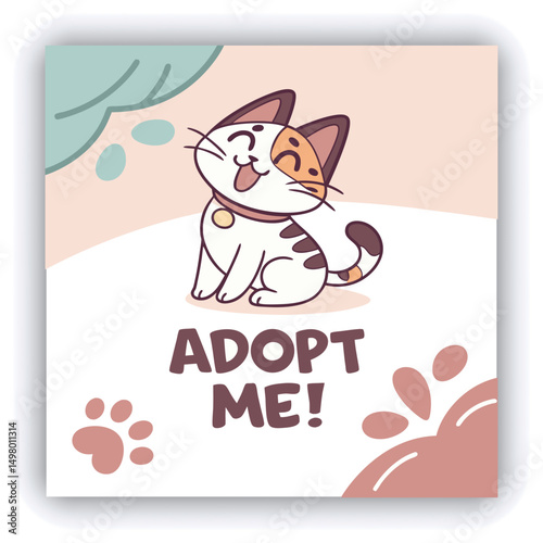 Adopt, don't shop! Creative square banner template. Naive illustration with young woman, who hugging her adopted dog with big heart on background. Flat style. Kawaii clip art with french bulldog.