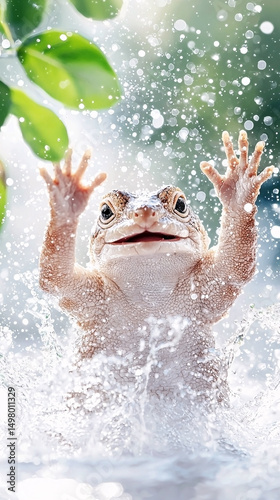 Frog with Extended Arms in Water Splash
