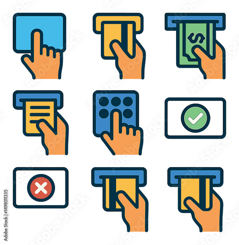 Atm and payment flat icons set. finance, banking, and transaction symbols