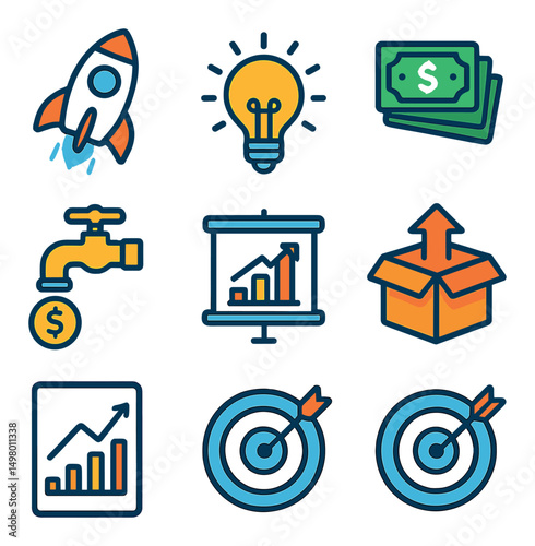 Business and innovation flat icons set. startup and growth strategy symbols