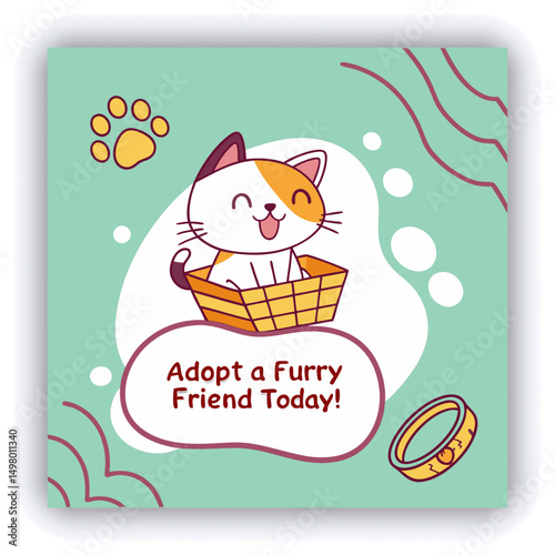Adopt, don't shop! Creative square banner template. Naive illustration with young woman, who hugging her adopted dog with big heart on background. Flat style. Kawaii clip art with french bulldog.