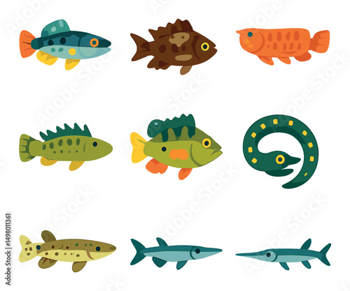 Aquatic animals flat icons set. marine and fish symbols collection