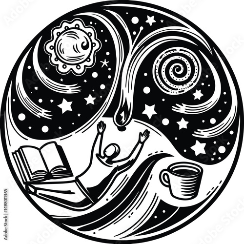 Abstract Universe: A whimsical illustration depicts a person reclining in a spiral realm. The person reaching for falling comet.