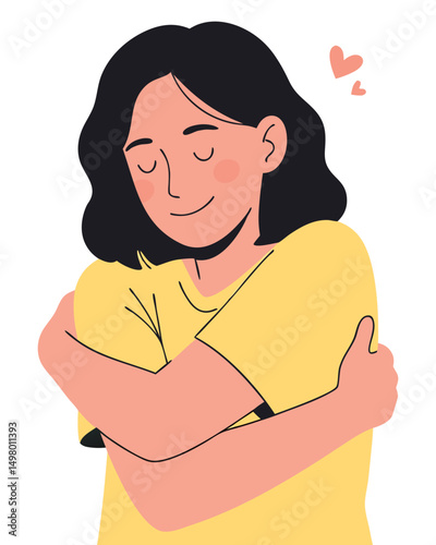 Embracing Self-Love: A Woman Hugging Herself Surrounded by Hearts in a Joyful Illustration