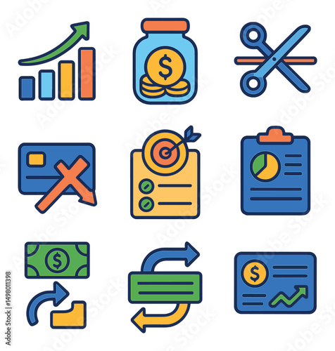 Finance and business flat icons set. money and investment symbols