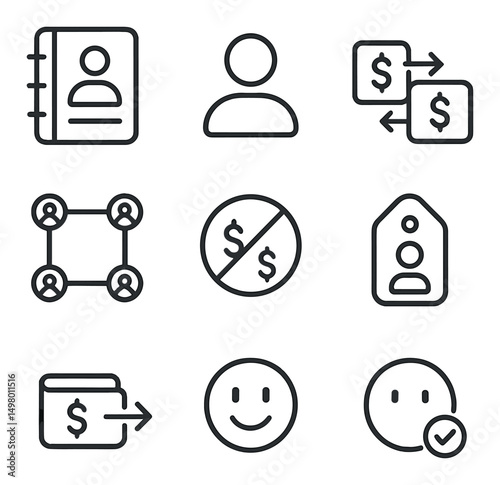 Business and finance linear icons set. money and networking symbols