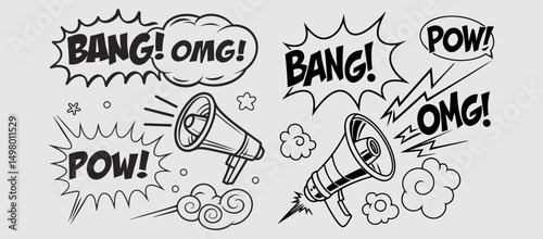 Comic boom cartoon effect line element set. Comic speech bubble pow, boom text, explosive splash smoke, wow cartoon vector icon. Hand drawn sketch doodle explosive element. Vector illustration. EPS.