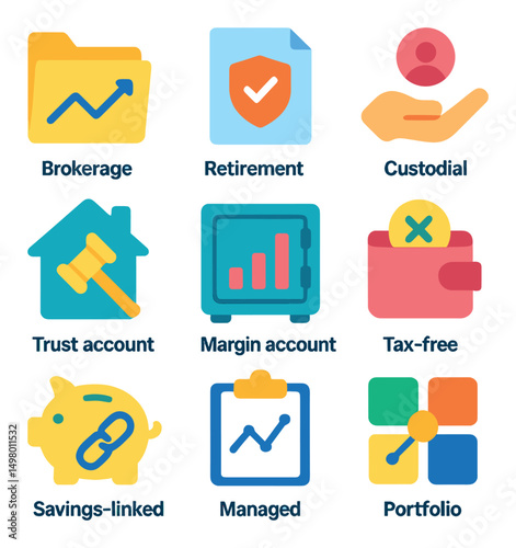 Financial services flat icons set. brokerage, retirement, account management symbols