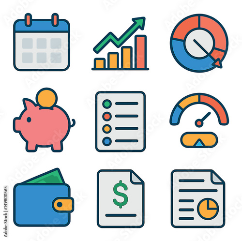 Finance and analytics flat icons set. money management and business symbols