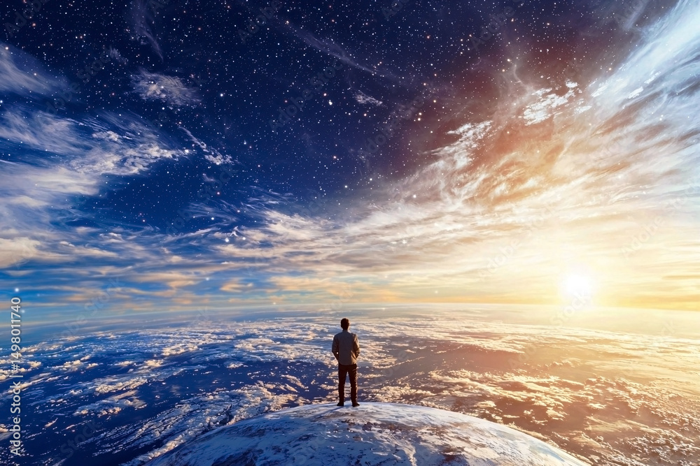 Fototapeta premium Surreal Cosmic Background with Human Silhouette