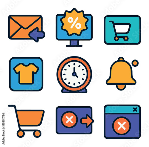 E-commerce flat icons set. online shopping and retail symbols