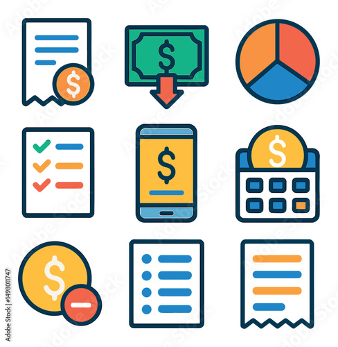 Finance and budget flat icons set. money management and economic planning symbols