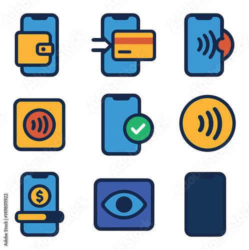 Mobile payment flat icons set. digital wallet and contactless transaction symbols