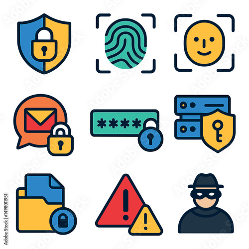 Cybersecurity flat icons set. data protection and privacy symbols for digital security