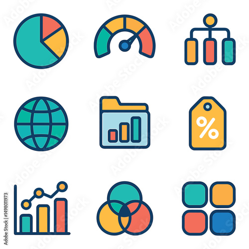 Data analytics flat icons set. business intelligence and metrics visualization symbols