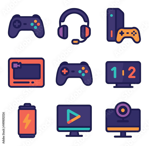 Gamer and tech flat icons set. video games and digital device symbols