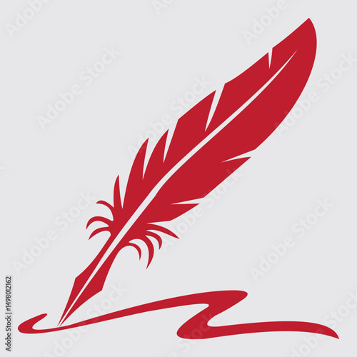 "A beautiful illustration of a red quill feather, complete with flowing lines and a stylish ink splash. This design is perfect for writing-related projects, literary themes, or artistic endeavors. Ide