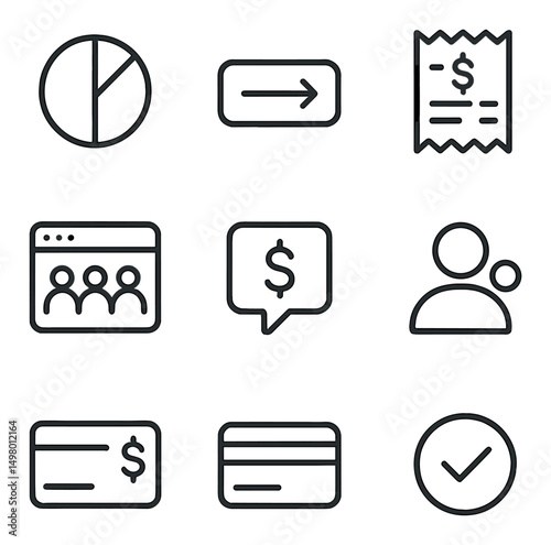 Finance and business linear icons set. money, banking, and payment symbols