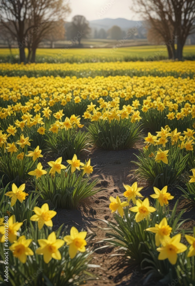 Obraz premium Sunlit daffodil field, vibrant yellow blooms, spring countryside , countryside, wildflowers