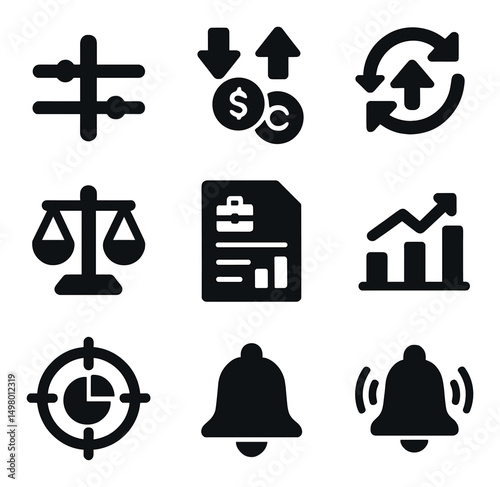 Business and finance silhouette icons set. trade and investment symbols