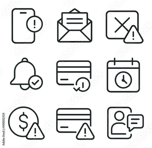Notification and alert linear icons set. warning and reminder symbols