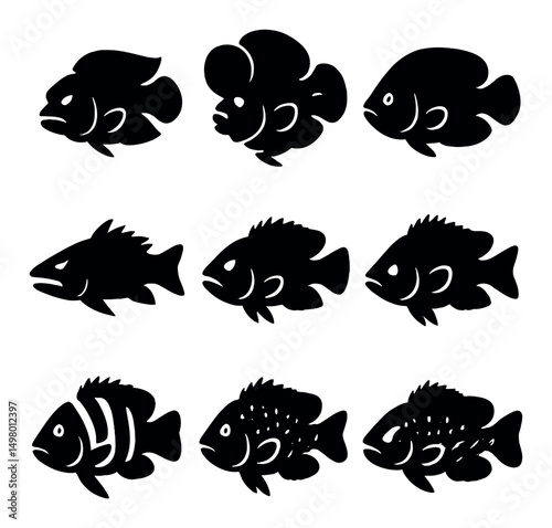 Marine life silhouette icons set. ocean and sea creature symbols