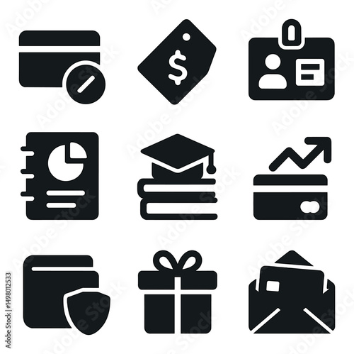 Finance and business silhouette icons set. commerce and corporate symbols