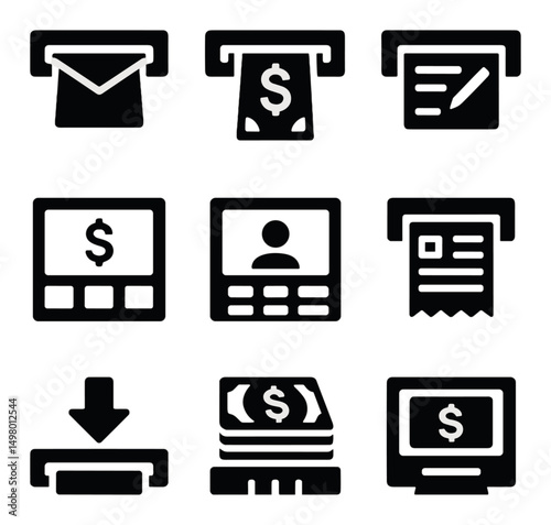 Finance and banking silhouette icons set. money, atm, and currency symbols