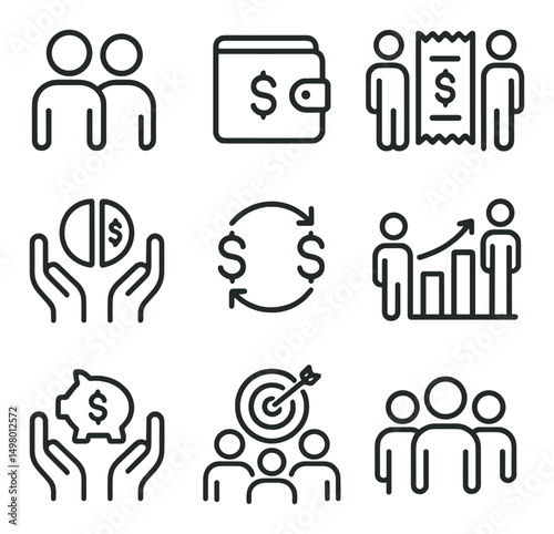 Finance linear icons set. money and business symbols for economic planning