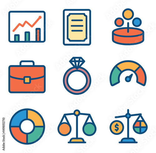 Business analytics flat icons set. data visualization and management symbols