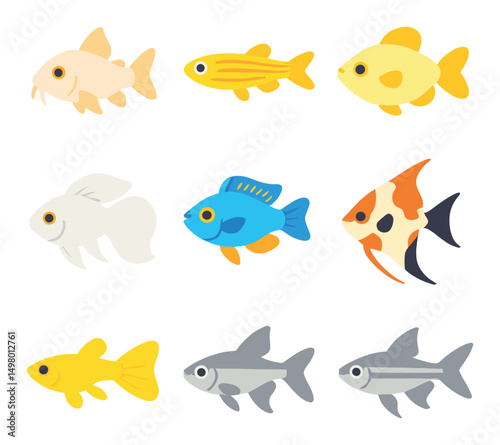 Aquarium fish flat icons set. marine, aquatic creatures designs
