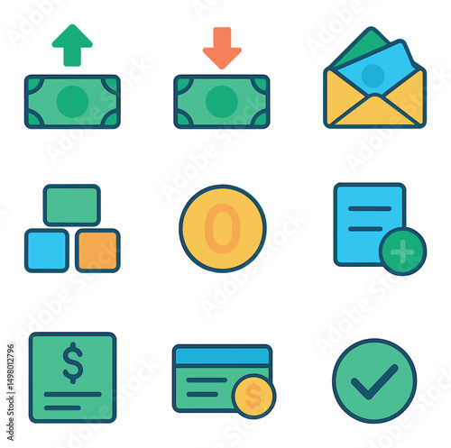 Finance and money flat icons set. banking, payment, and budgeting symbols