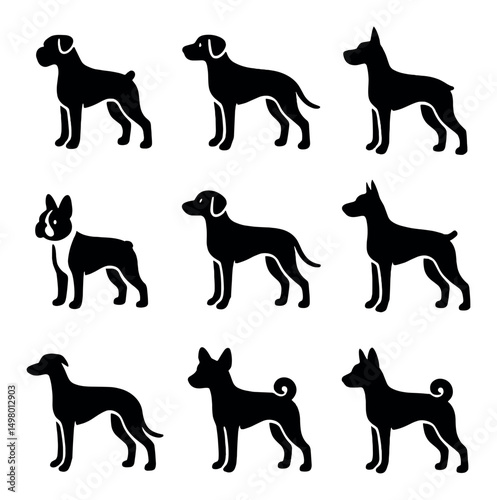 Dog breeds silhouette icons set. pet and animal designs for kennel graphics