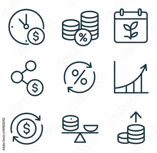 Finance and economy linear icons set. business and investment symbols
