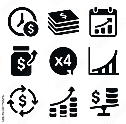 Finance and business silhouette icons set. money and economy symbols